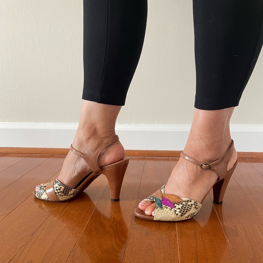 CHIE MIHARA Tan Leather Snake Print Suede Sandals Heels w/ Ankle Strap - Sz 38